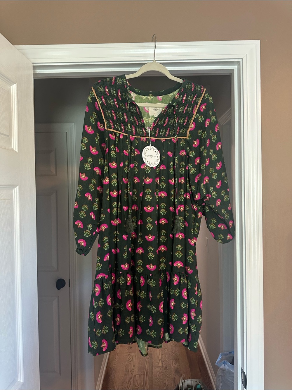 Umgee Dark Green Floral Boho Dress with Pink Accents